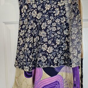 Sari Wrap Skort, MINI, One Size Floral Print Navy and Cream Tiered Womens Skirt